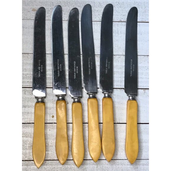 6 Vtg Butterscotch Bakelite Flatware Antq Boker Art Deco 1930s Stainless Knives - Picture 5 of 8